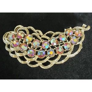 Vintage AB Rhinestone Large Leaf Gold Tone Art Deco Brooch Pin READ